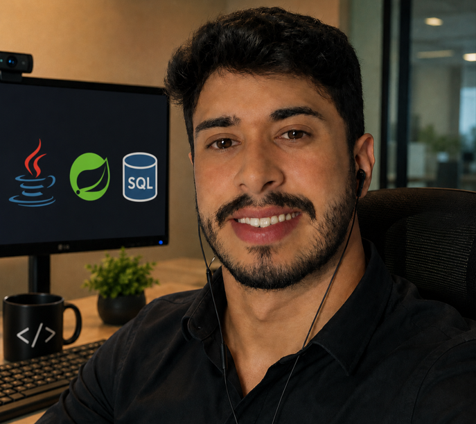 Retrato do autor do guia em seu ambiente de tecnologia, sentado diante do computador.